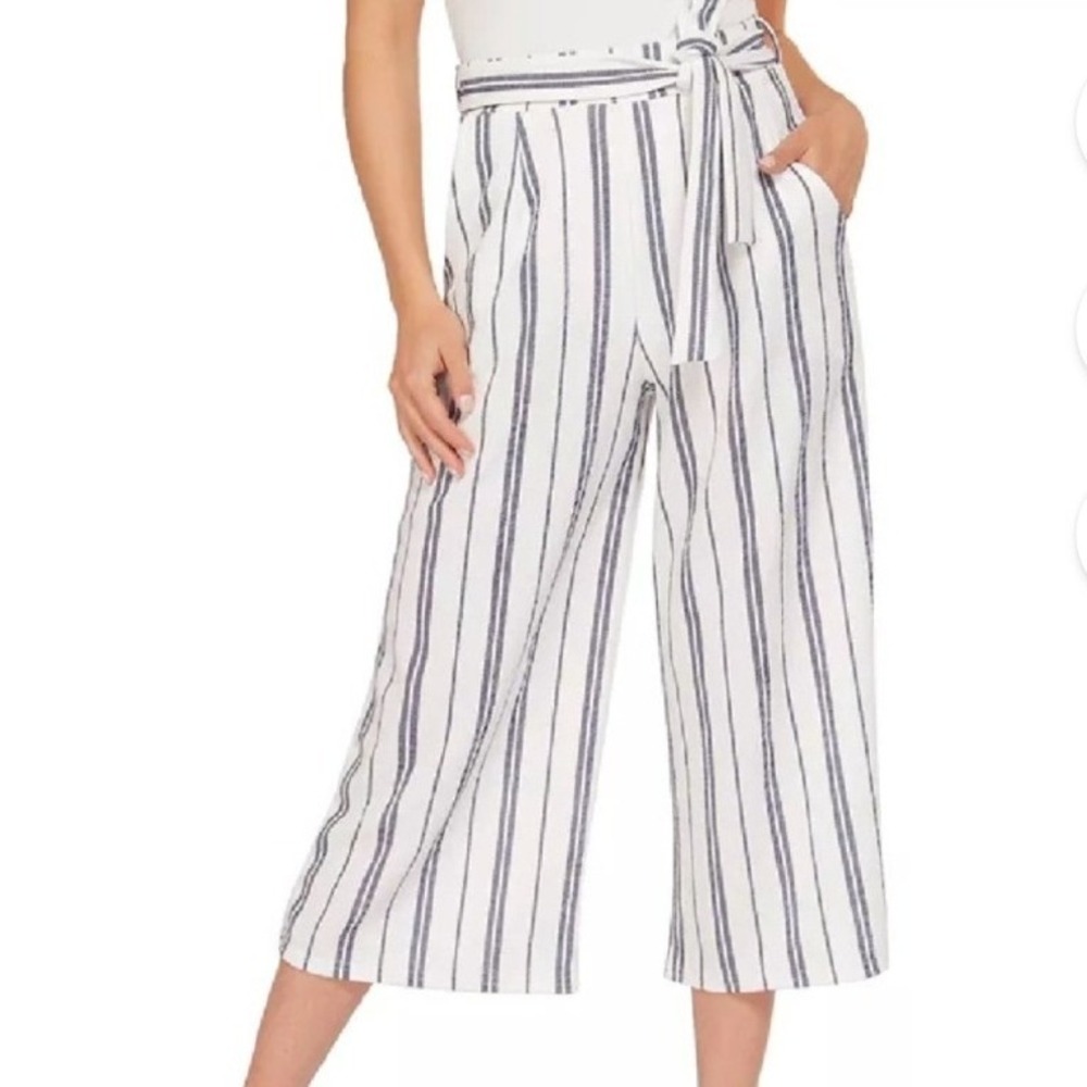 Ambiance Apparel Striped Linen Blend Wide Leg Pants Womens L White Navy Coastal